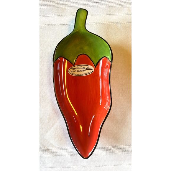 Clay Art 1999 Chili Fiesta Red and Green Handpainted Ceramic Tray Set - Picture 2 of 5